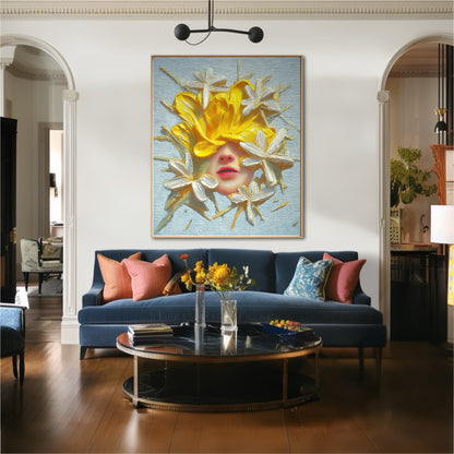 Large expressive floral art creates a striking focal point above a deep blue velvet sofa. The piece adds a burst of yellow to the formal, elegant interior with arched doorways.