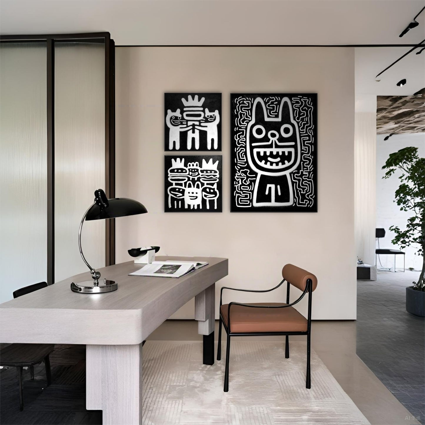 Monochromatic street-style paintings complement a light wood desk and warm neutral walls in a bright, contemporary workspace.