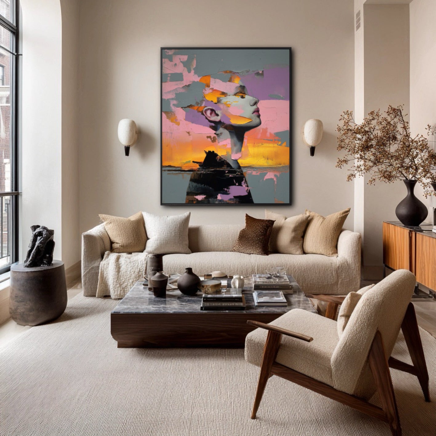 Large abstract portrait art anchors a cozy living room with a neutral sofa, warm lighting, and a marble coffee table, creating a sophisticated focal point.