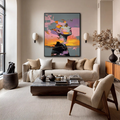 Large abstract portrait art anchors a cozy living room with a neutral sofa, warm lighting, and a marble coffee table, creating a sophisticated focal point.