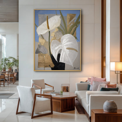 Large statement art in luxury hotel lobby. Vertical blue botanical painting styling a spacious white seating area.