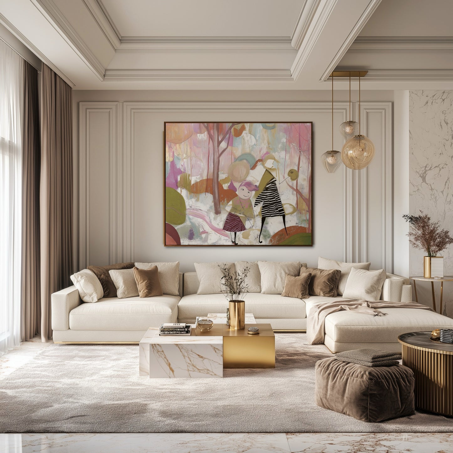 Elegant room enhanced by abstract family art; painting's soft colors and joyful vibe complement the sophisticated, opulent interior.