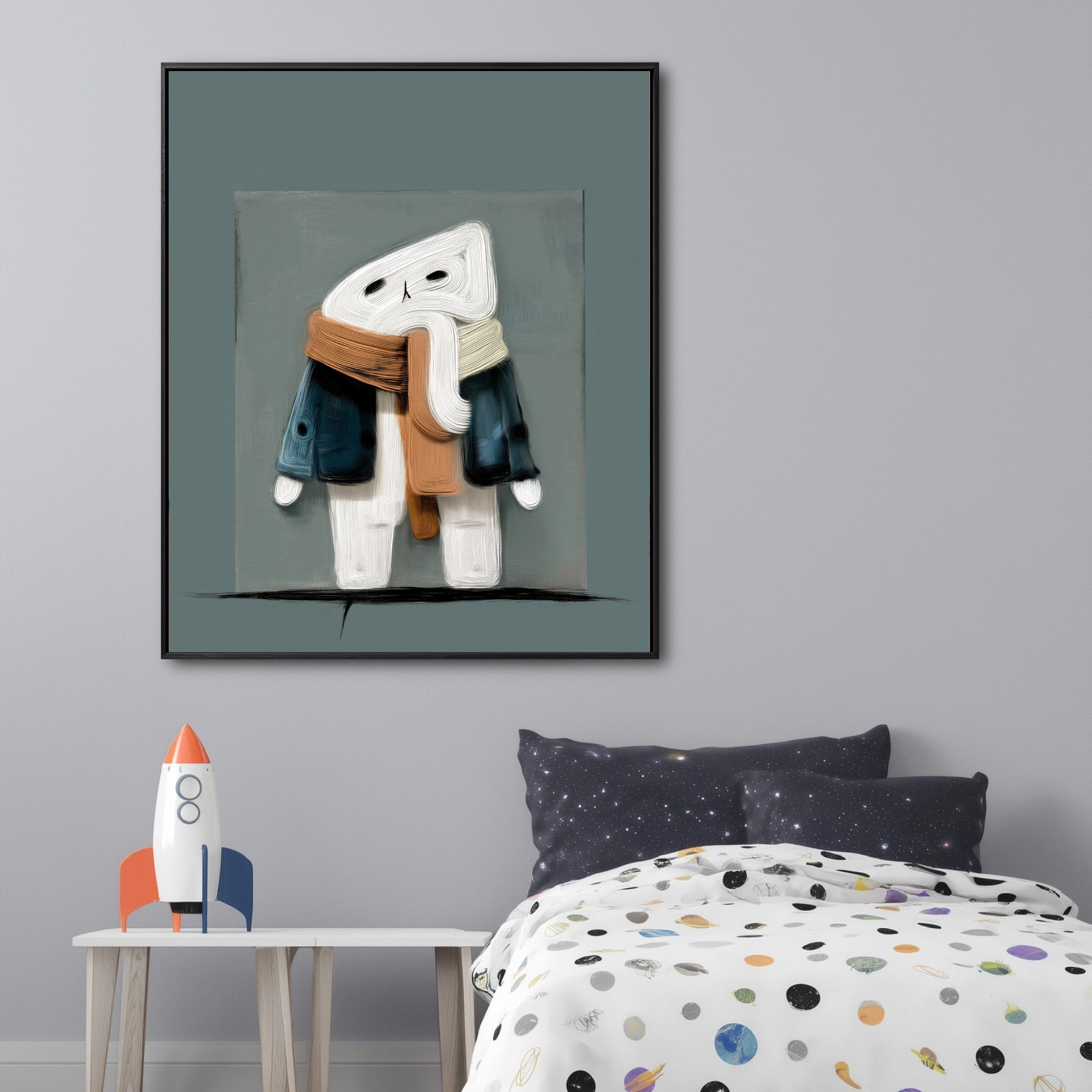 Original abstract cat painting in a playful child's bedroom with space-themed bedding and a rocket toy.
