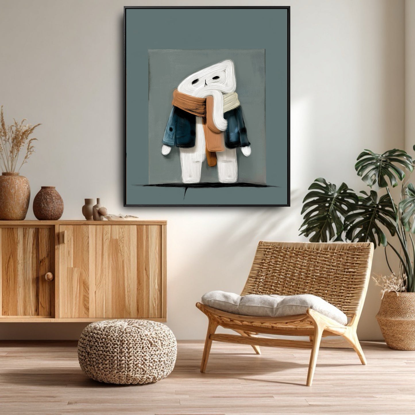 Original whimsical cat art adding a calm, contemplative feel to a neutral, boho-style room with wooden furniture.