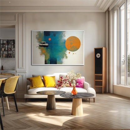 Large original abstract art balances the color in a contemporary dining/living area with white walls and warm yellow throw pillows.