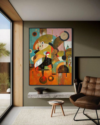 Bold color abstract original painting adds artistic weight above the stone shelf, perfectly framed by the angular wood trim and window.