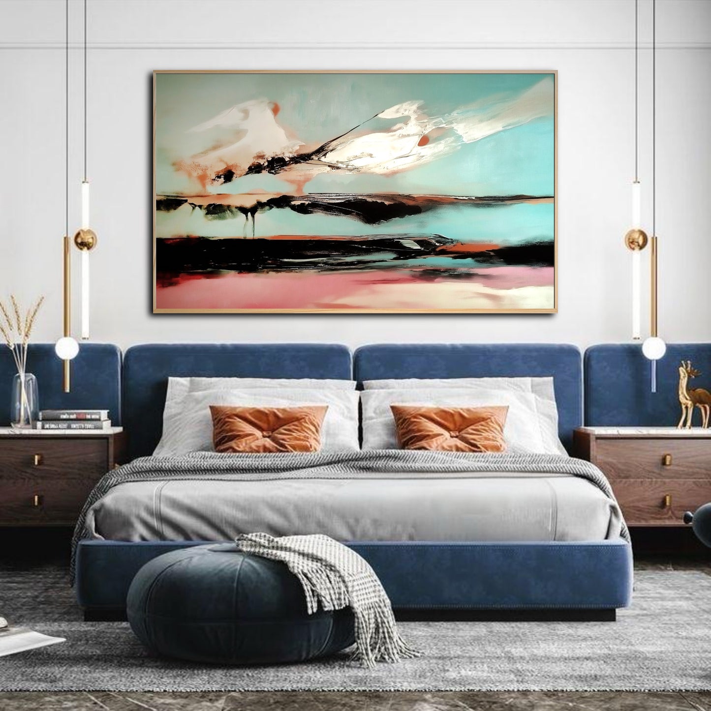 Modern bedroom with a blue velvet bed and orange pillows, featuring a large abstract landscape painting hanging above it.