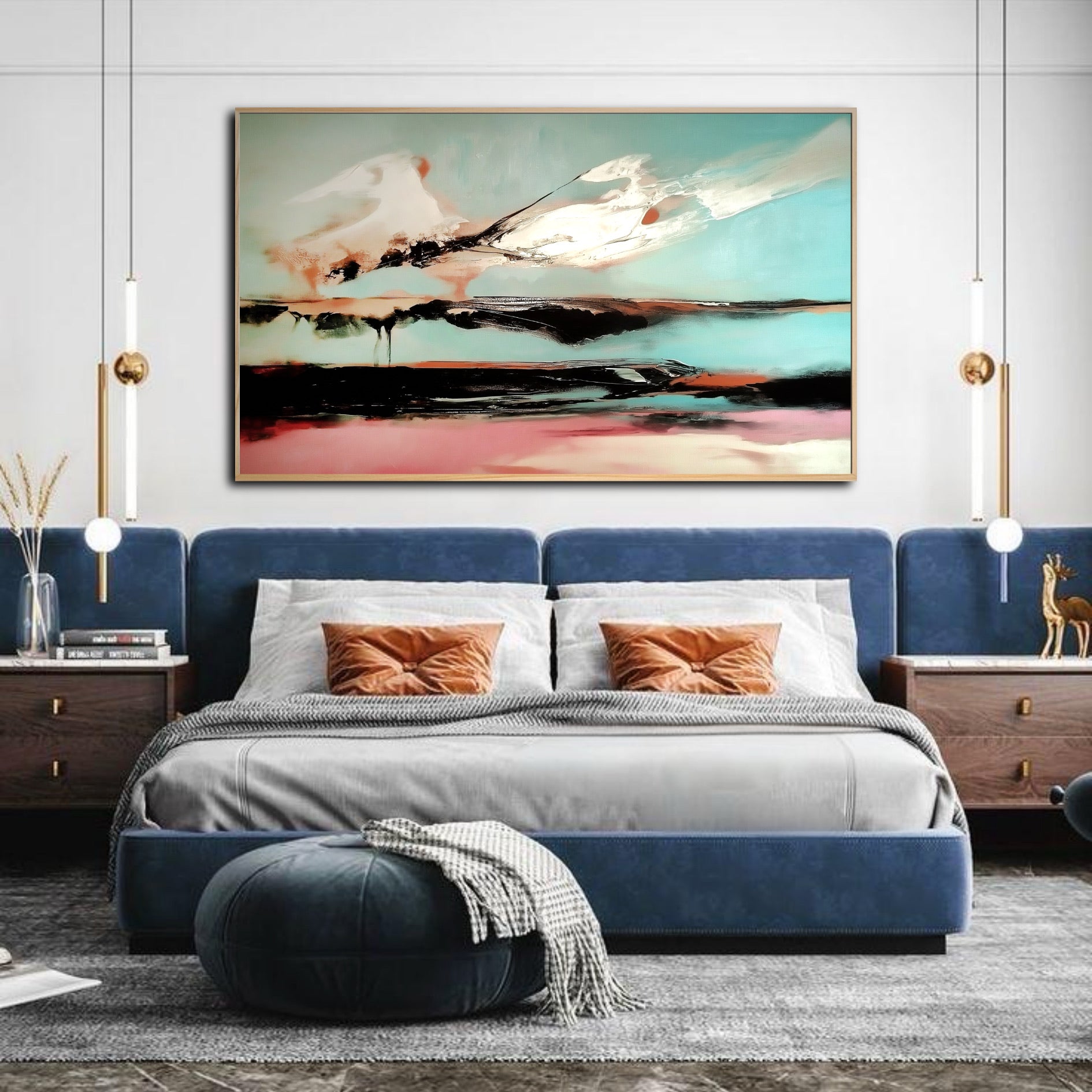 Modern bedroom with a blue velvet bed and orange pillows, featuring a large abstract landscape painting hanging above it.