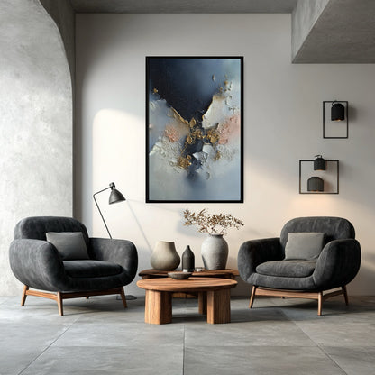 Textured abstract painting above two charcoal gray armchairs, anchoring a moody, modern conversation area with raw concrete details.
