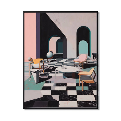 Original hand-painted Abstract Interior. Post-Modern architectural painting with checkered floor, arches, and pink/teal accents. Surreal Wall Art.