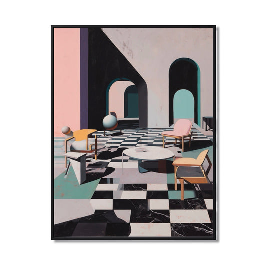 Original hand-painted Abstract Interior. Post-Modern architectural painting with checkered floor, arches, and pink/teal accents. Surreal Wall Art.