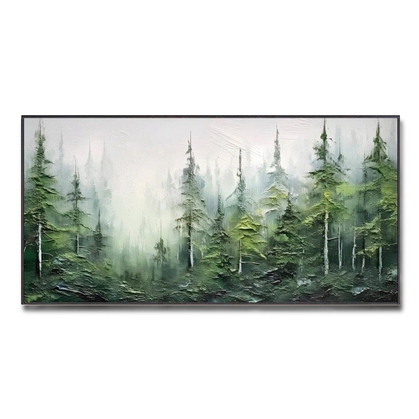 Original impasto forest painting. Textured green pine trees in fog. Modern palette knife landscape art. Cool/neutral main tone, serene vibe.
