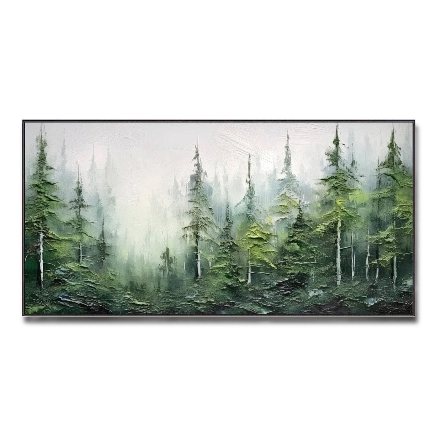 Original impasto forest painting. Textured green pine trees in fog. Modern palette knife landscape art. Cool/neutral main tone, serene vibe.