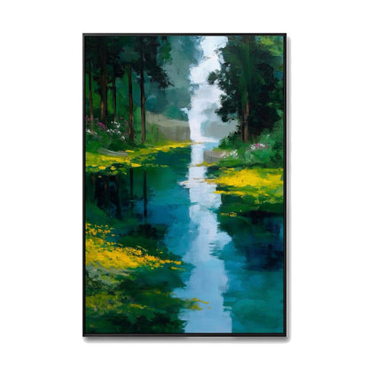 Original hand-painted forest river landscape painting. Impressionist style featuring vibrant yellow ground cover and deep blue-green water.