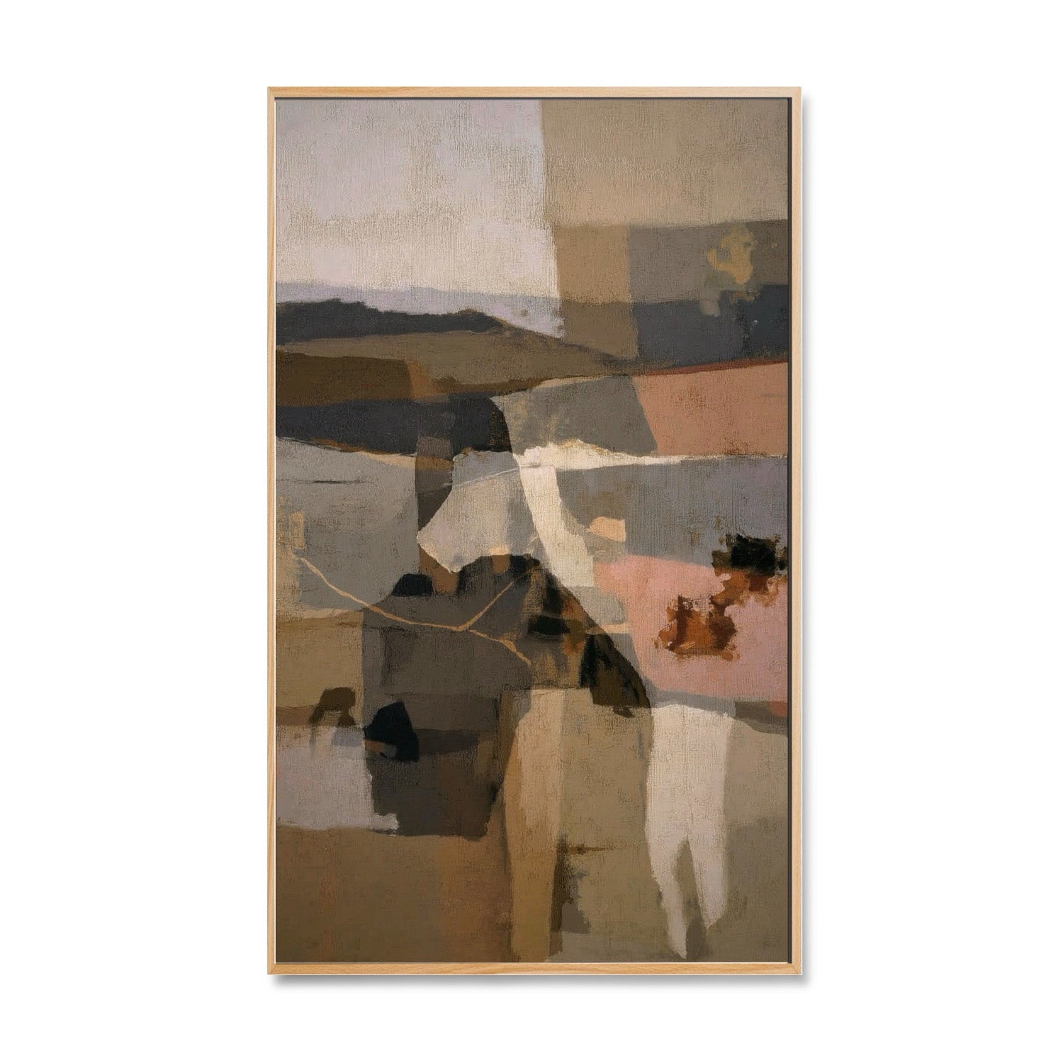 Original vertical abstract landscape art with layered geometric blocks in a textured neutral palette of taupe, cream, and dusty rose.