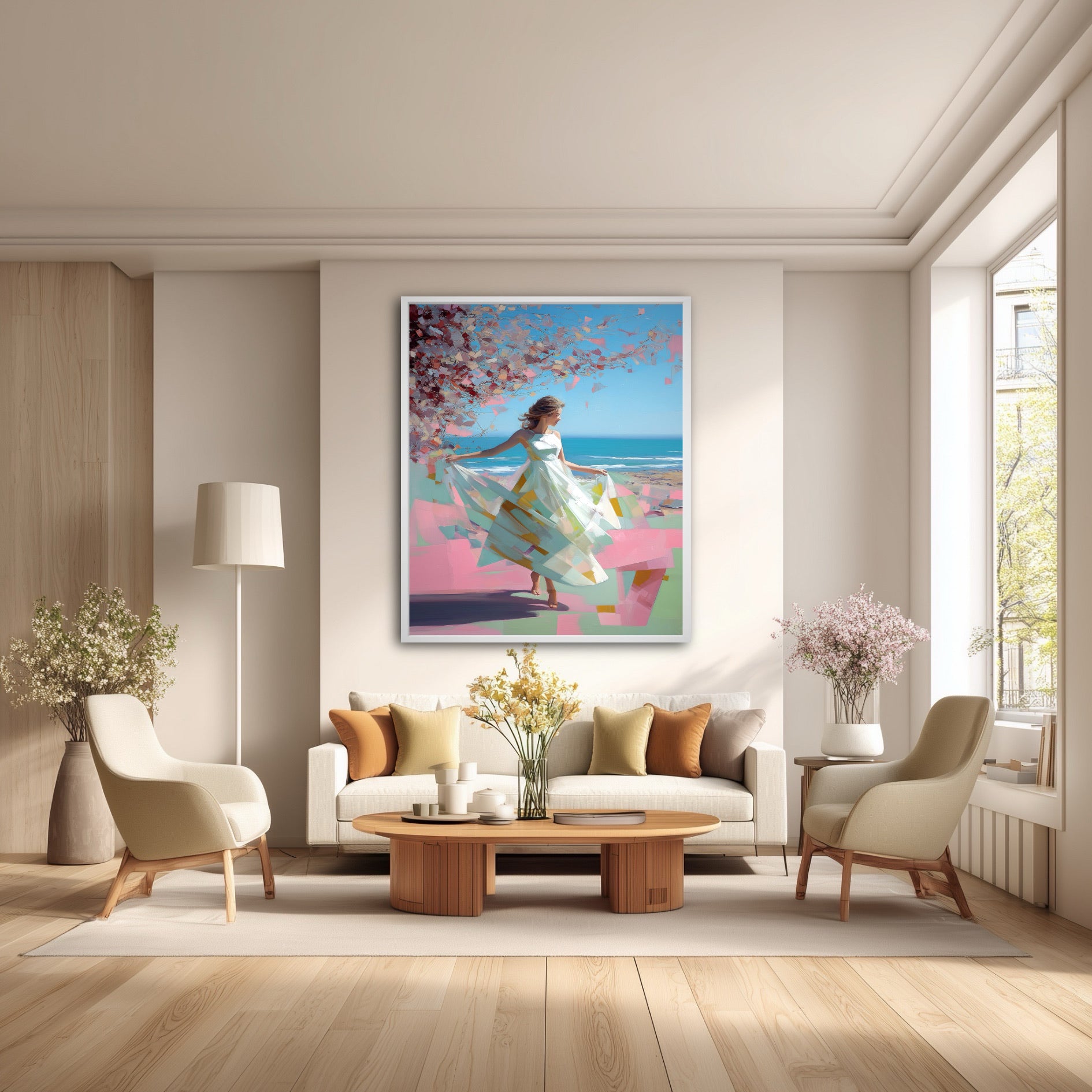 Large framed figurative painting hanging in an elegant, sunlit living room with a cream-colored sofa and chairs.