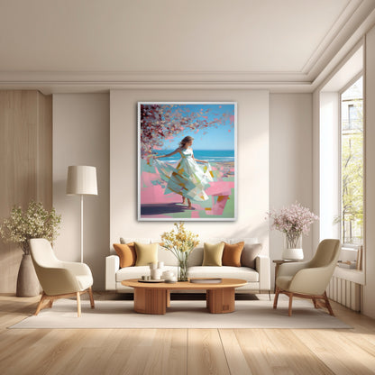 Large framed figurative painting hanging in an elegant, sunlit living room with a cream-colored sofa and chairs.