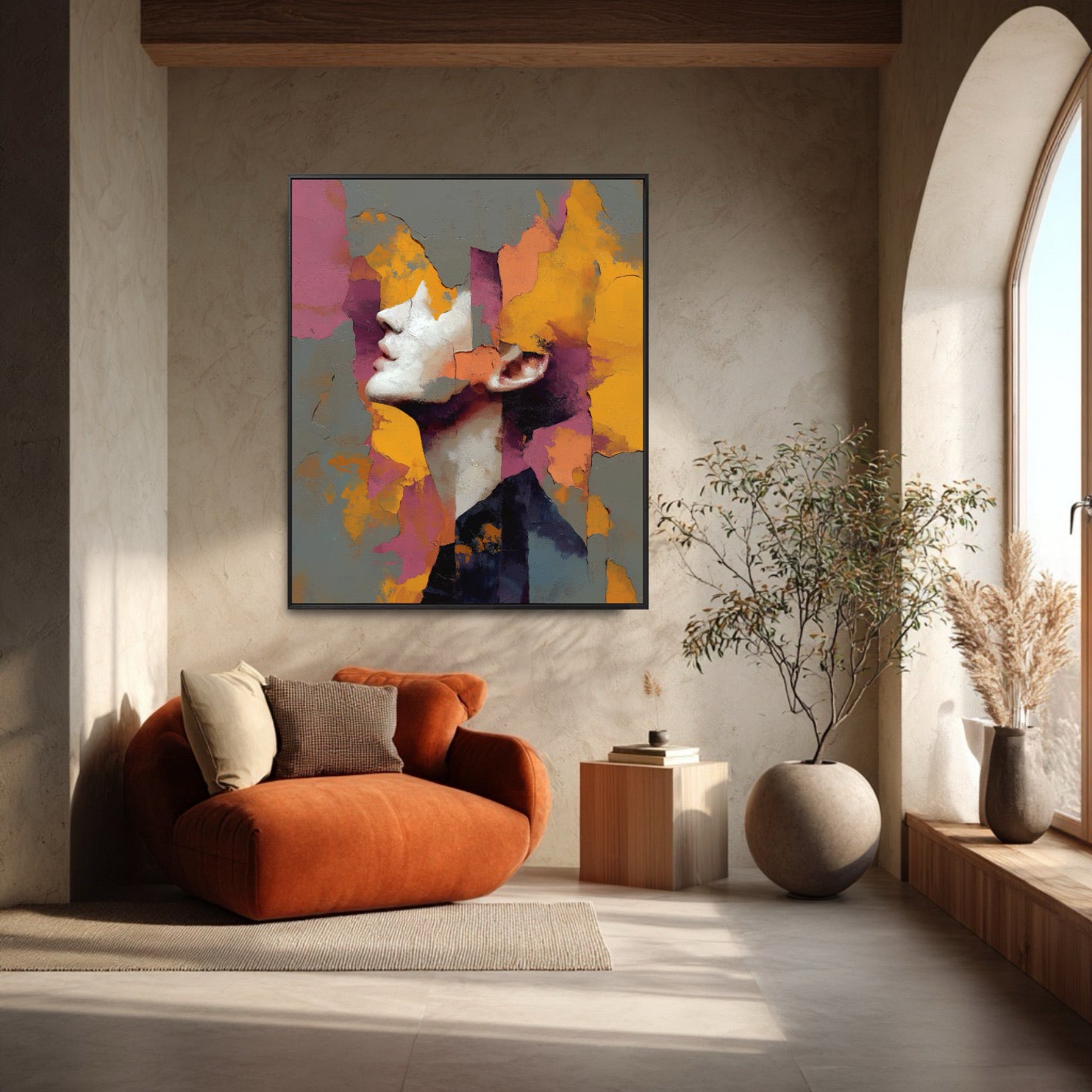 Expressionist profile art acts as an emotional focal point in a serene, earthy room. The piece contrasts beautifully with the terracotta chair and arched window.