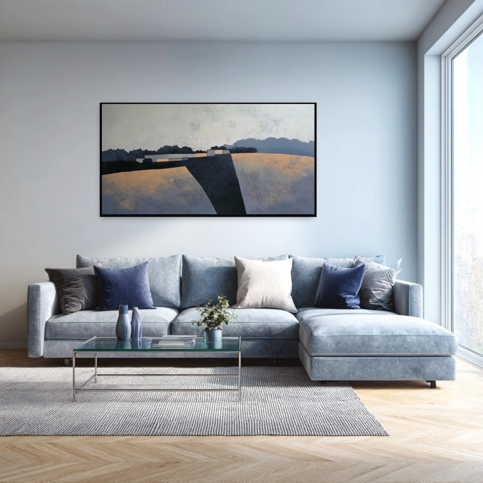 Original abstract painting hanging in a luxurious, dark-toned modern living area, its cool neutral colors providing contrast to the ambient lighting.