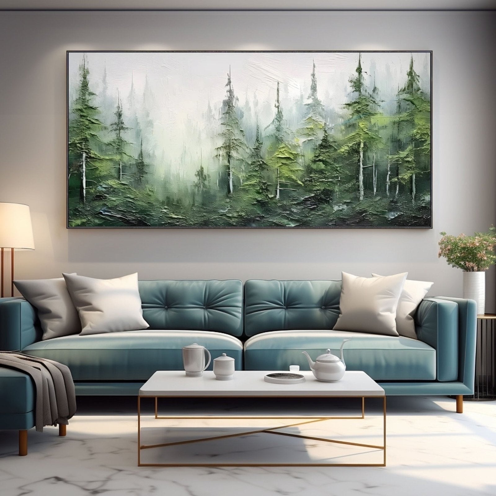 Large forest texture art contrasts beautifully with the deep teal velvet sofa and marble floor, adding a grounded, natural drama to the modern room.
