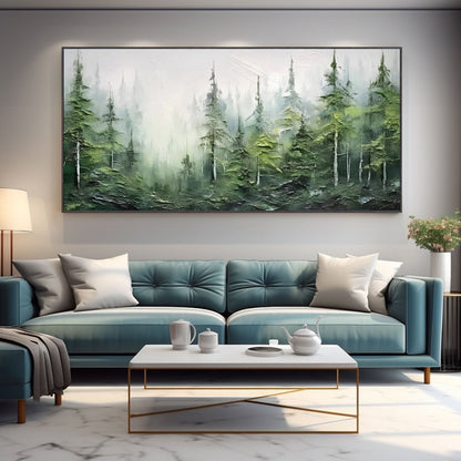 Large forest texture art contrasts beautifully with the deep teal velvet sofa and marble floor, adding a grounded, natural drama to the modern room.