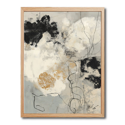 Original modern abstract painting in neutral tones. Textured black, white, and gold create a sophisticated, contemplative vibe.