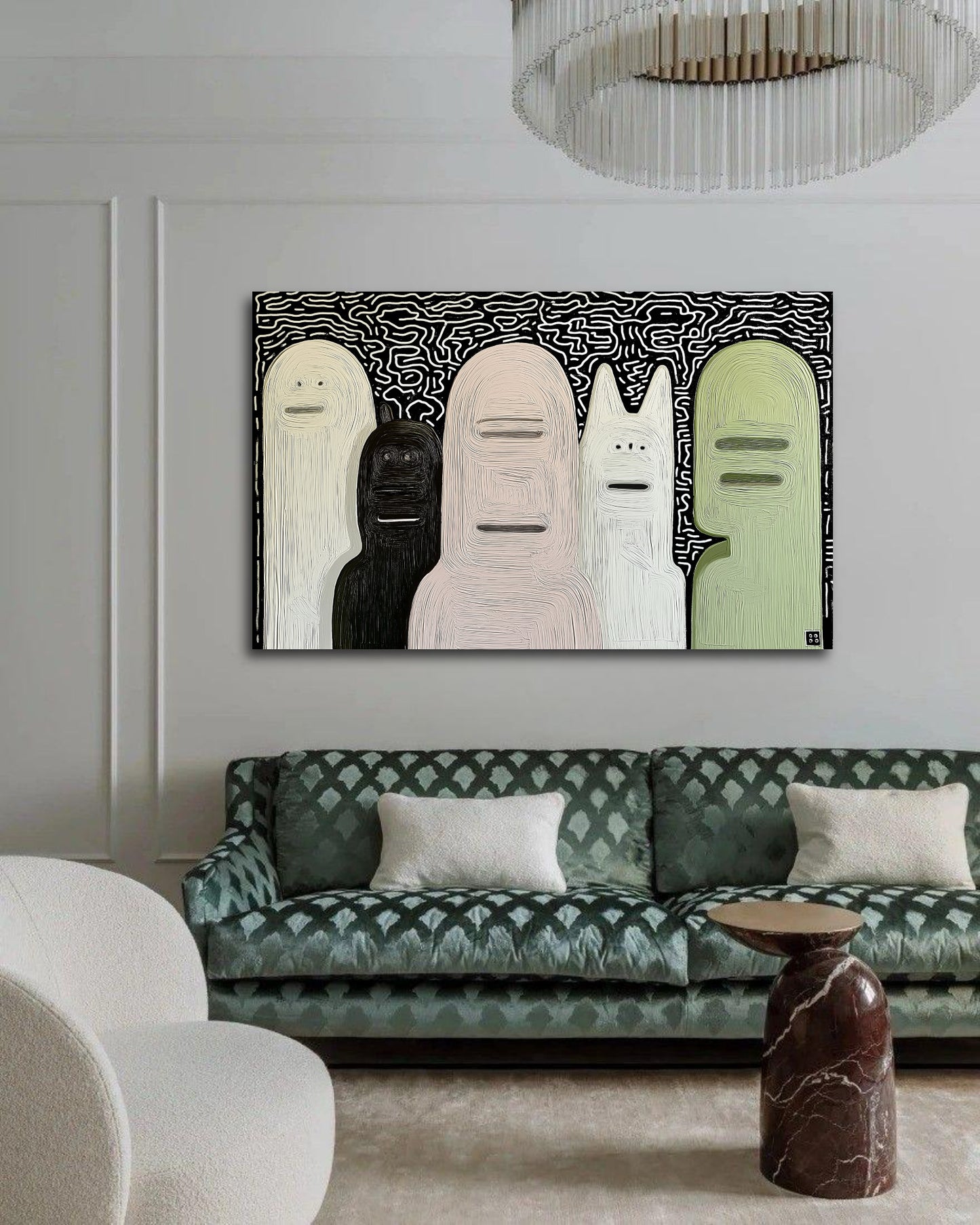 Original abstract group portrait provides a bold focal point over a patterned green velvet sofa in a glam, textured living room.