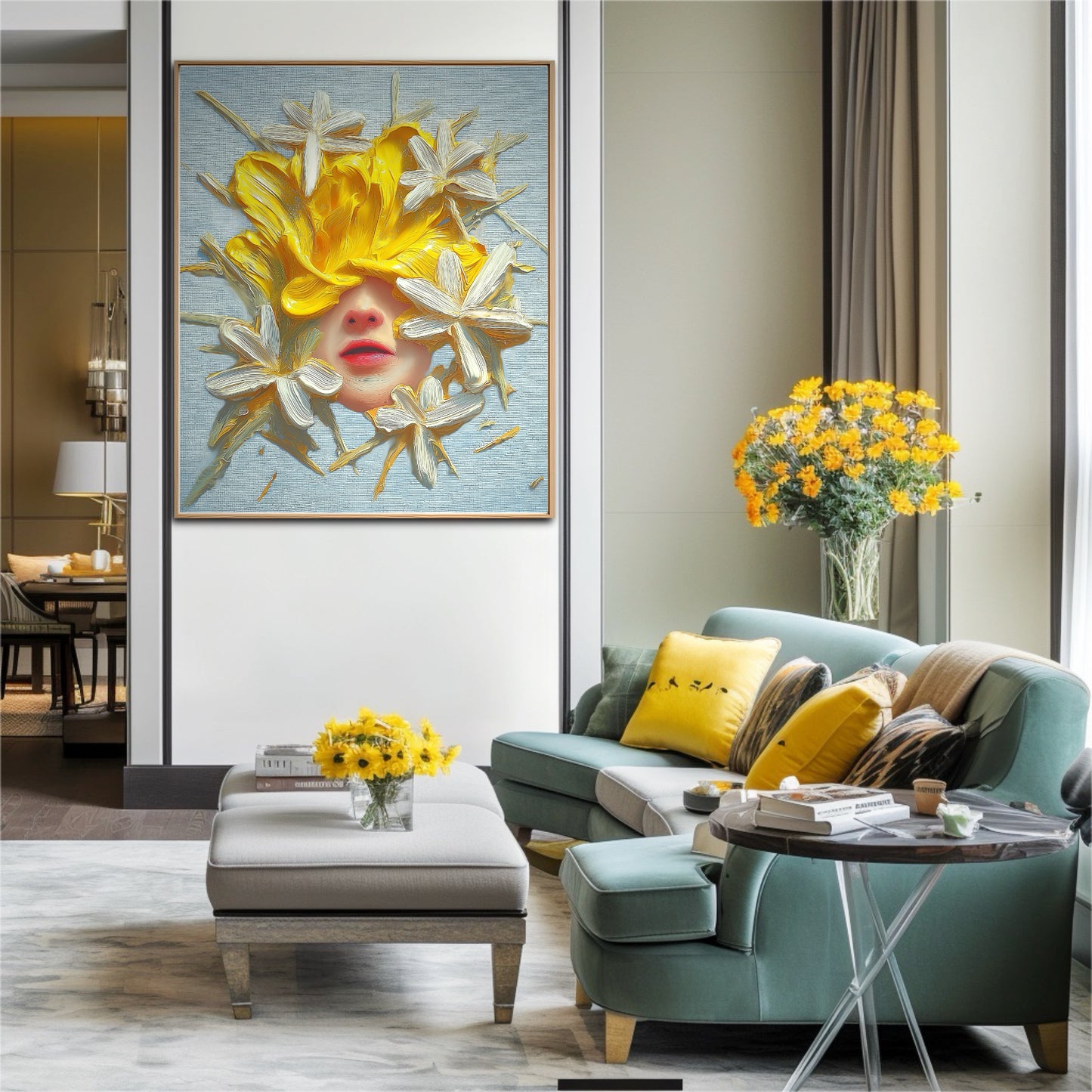 Abstract yellow flower painting completes a contemporary space. The artwork’s colors echo the teal sofa, yellow cushions, and fresh yellow flowers, harmonizing the decor.