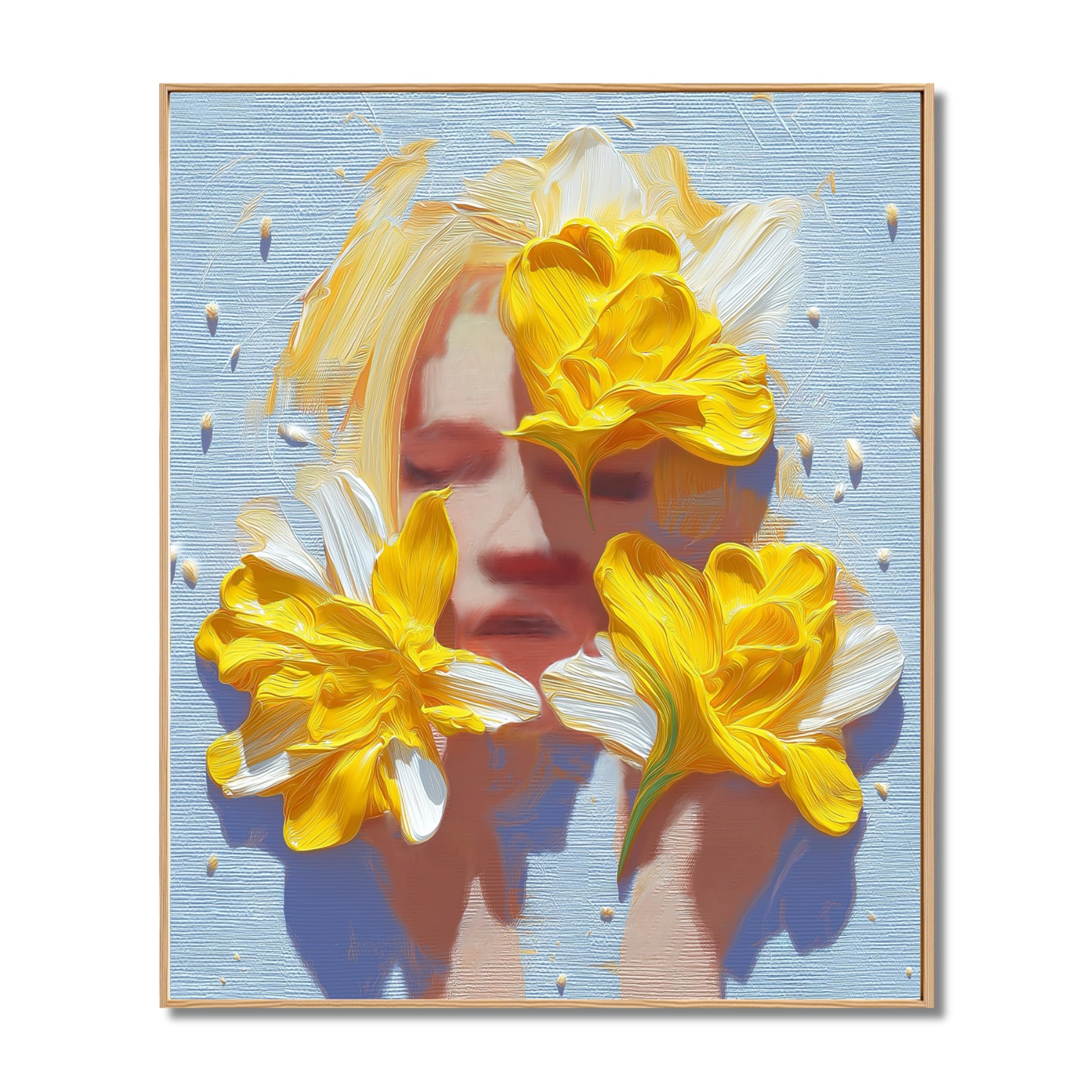 Original hand-painted portrait. Heavy texture yellow floral oil painting on a light blue background, featuring vibrant and dreamy modern art.