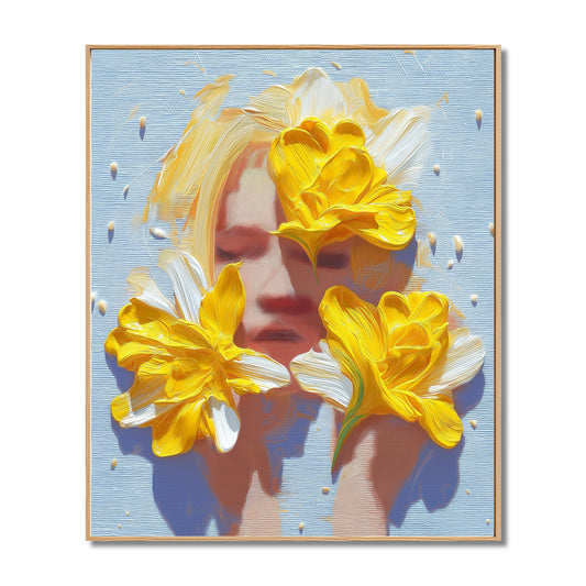 Original hand-painted portrait. Heavy texture yellow floral oil painting on a light blue background, featuring vibrant and dreamy modern art.