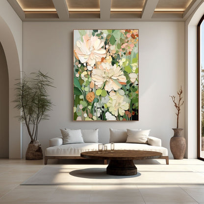 Modern living room with a floral painting on the wall, white sofa, and wooden coffee table.