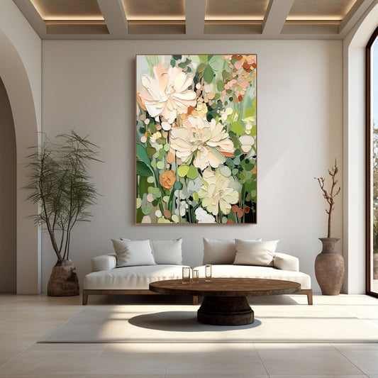 Modern living room with a floral painting on the wall, white sofa, and wooden coffee table.