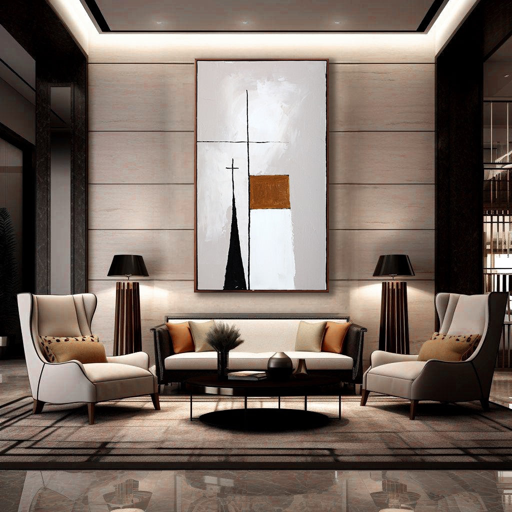 Modern living room with a large abstract painting on the wall, two armchairs, and a sofa.