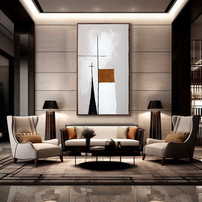 Modern living room with a large abstract painting on the wall, two armchairs, and a sofa.