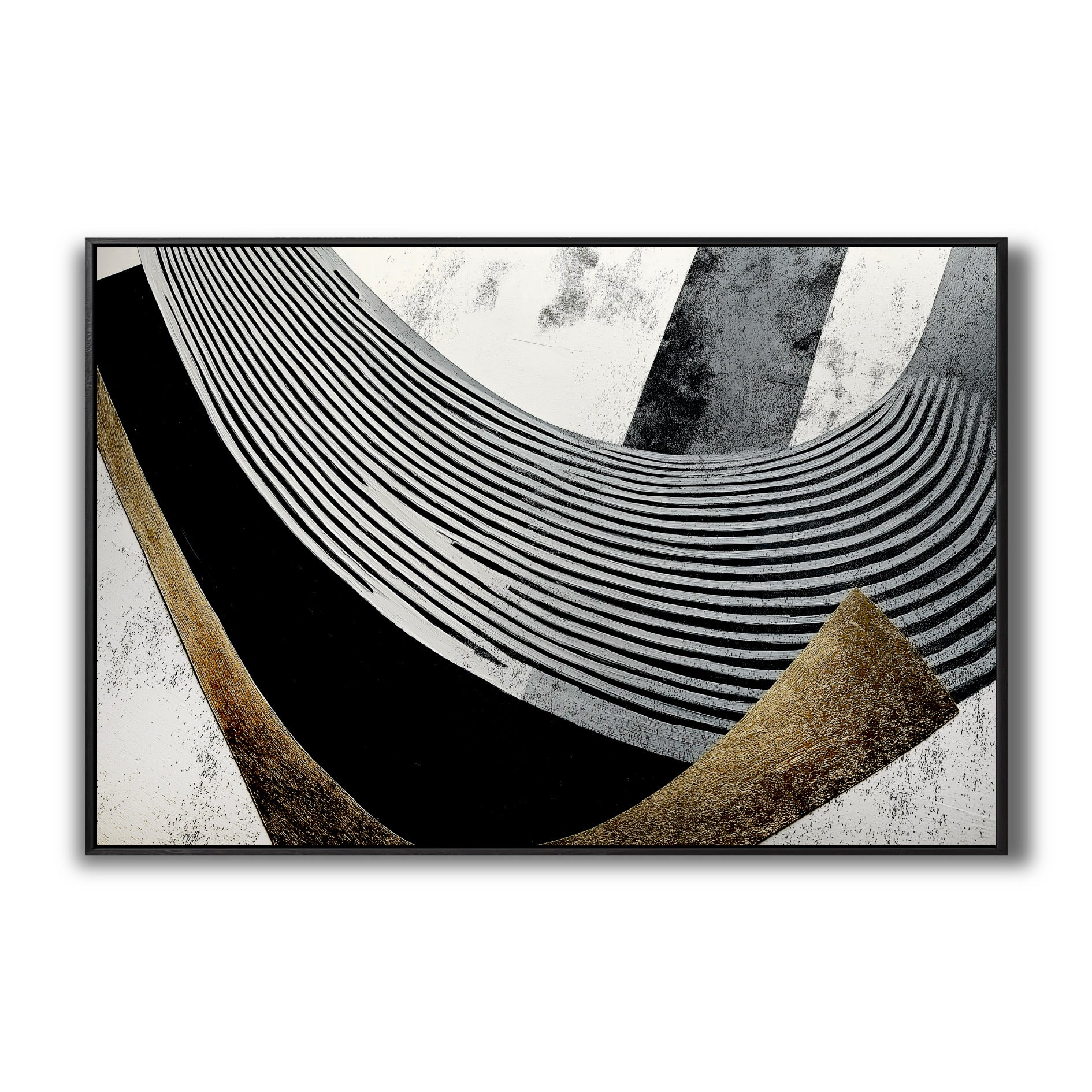 Original abstract op-art painting. Features flowing parallel lines, bold black forms, and textured gold on a distressed canvas.