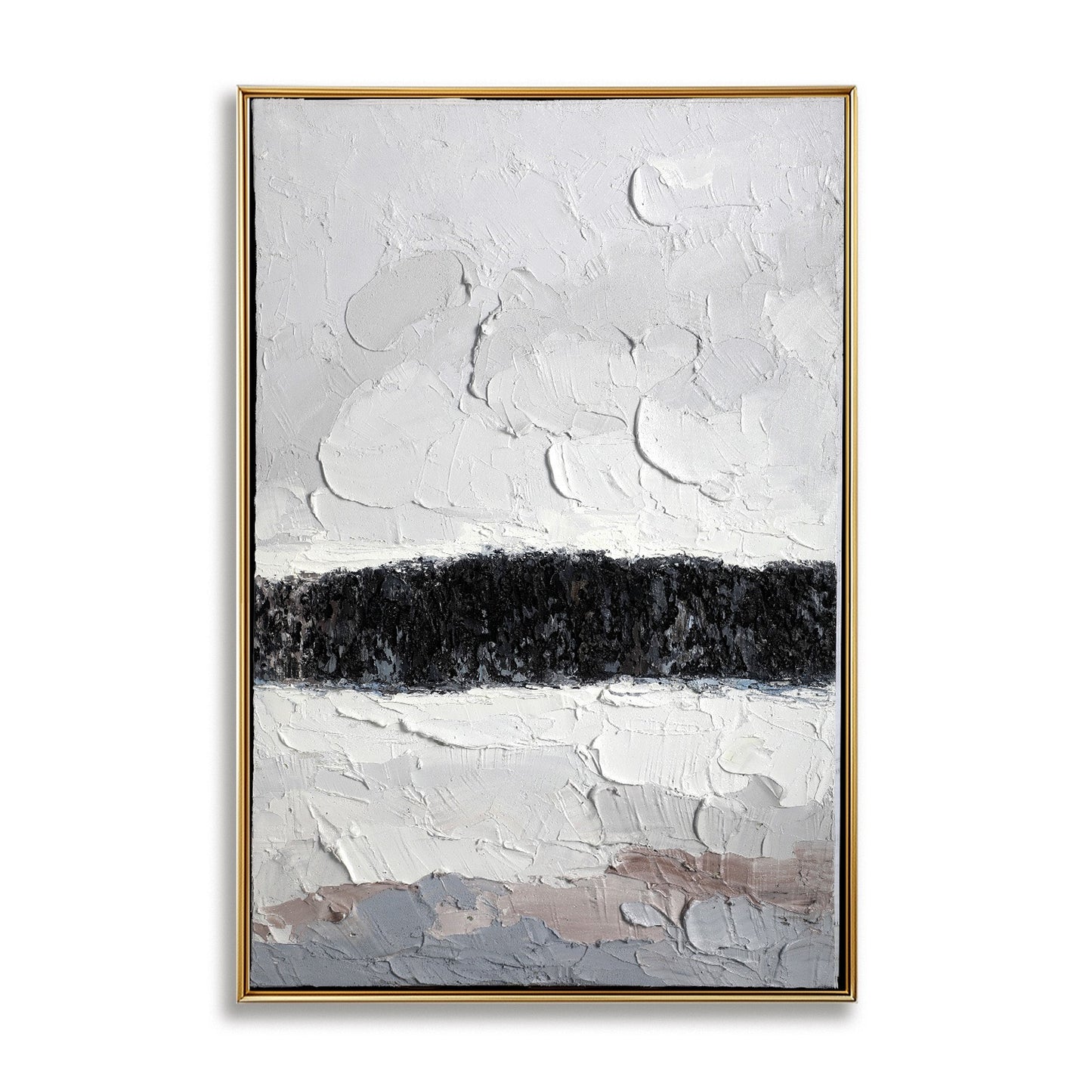 Original abstract landscape oil painting: minimalist thick impasto with neutral white, black band, and cool gray/taupe.