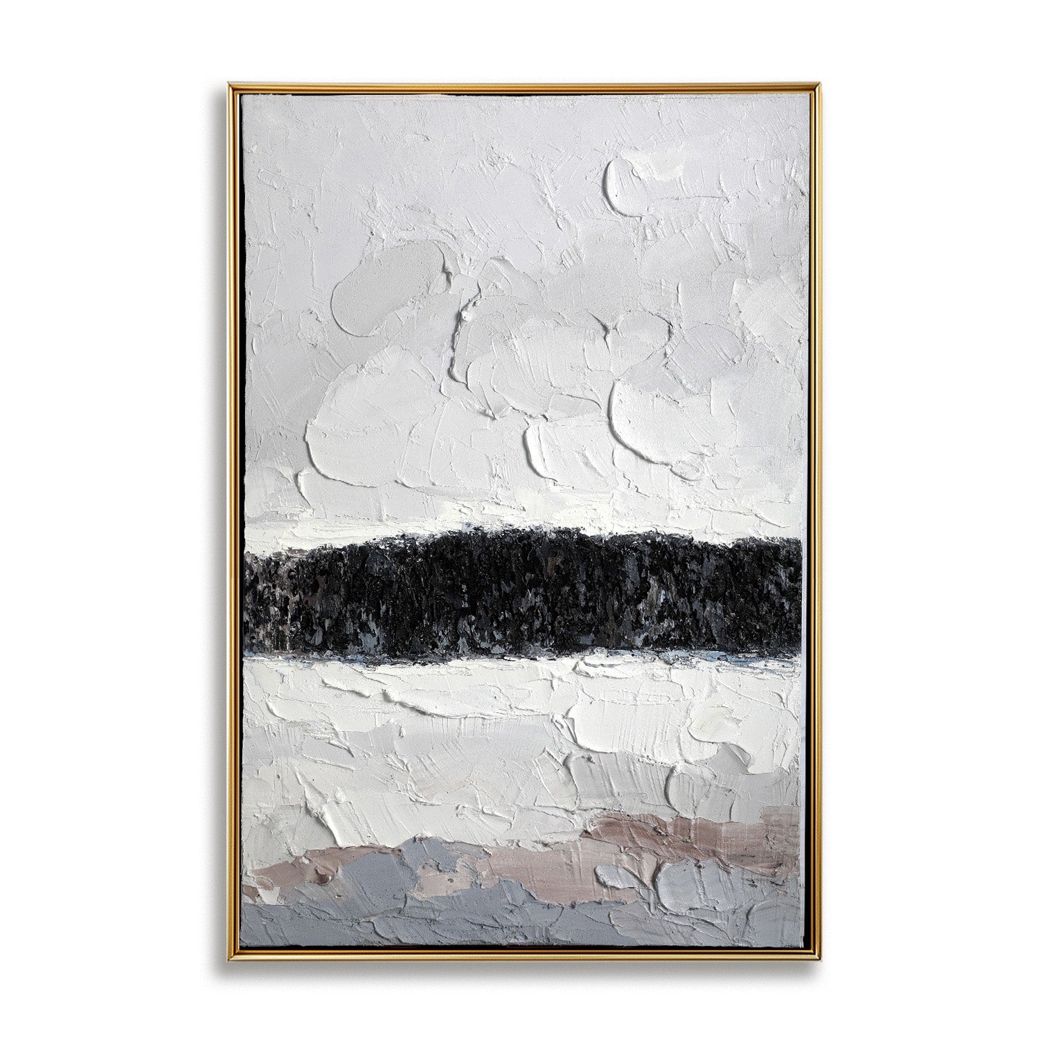 Original abstract landscape oil painting: minimalist thick impasto with neutral white, black band, and cool gray/taupe.
