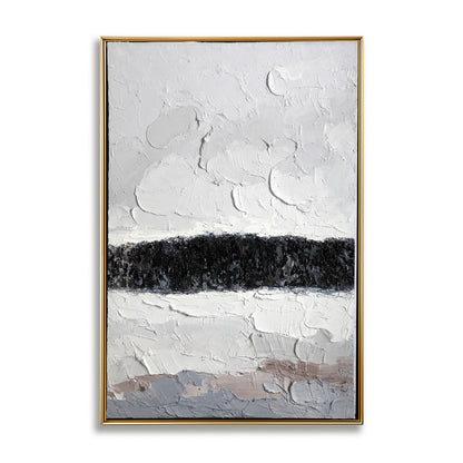 Original abstract landscape oil painting: minimalist thick impasto with neutral white, black band, and cool gray/taupe.