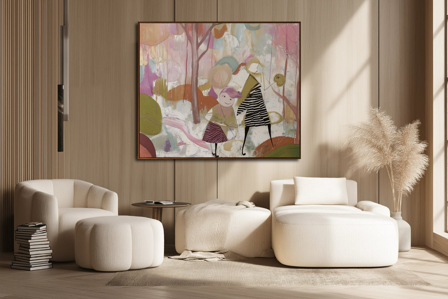 Whimsical family art brightens calm, minimalist space; painting offers a warm, inviting focal point against natural wood.