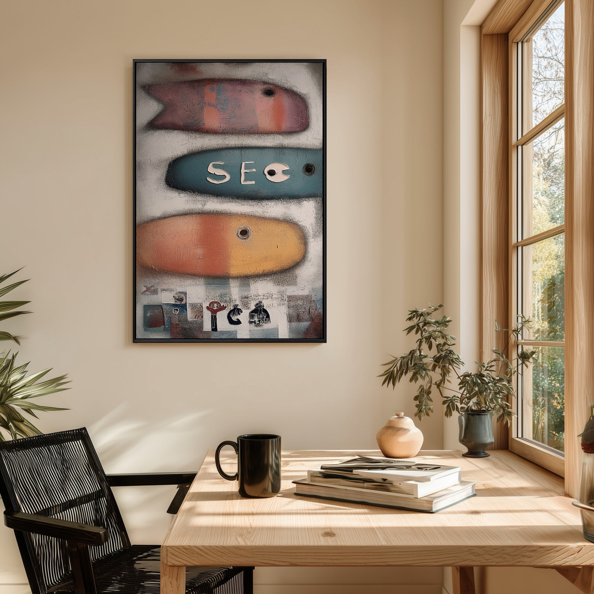 Colorful abstract fish art brightens a sunlit, rustic wooden desk and window corner, offering a cheerful, creative backdrop for a workspace.
