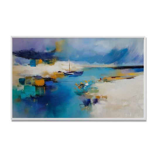 Original hand-painted abstract harbor oil art. Intense blue & yellow reflection with boat, dynamic contemporary art.
