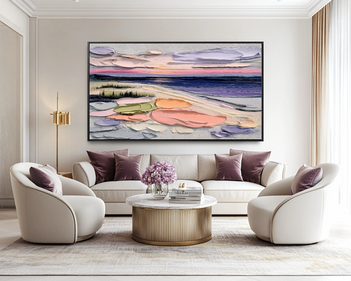 Original impasto sunset art creating a luxurious focal point above a cream sofa, complemented by velvet purple chairs in an elegant, sun-drenched room.