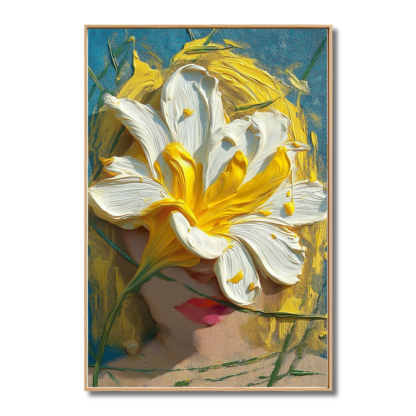 Original abstract expressionist portrait. Thick palette knife texture orange, white, blue oil painting. Bold, modern art for collectors.