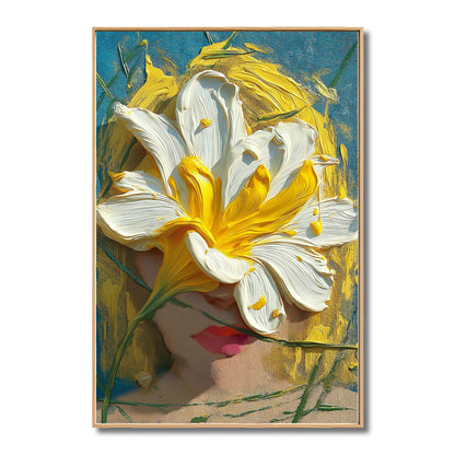 Original abstract expressionist portrait. Thick palette knife texture orange, white, blue oil painting. Bold, modern art for collectors.