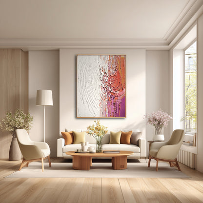 Large abstract floral-inspired painting in a bright, contemporary living room with a white sofa and light wood floors.