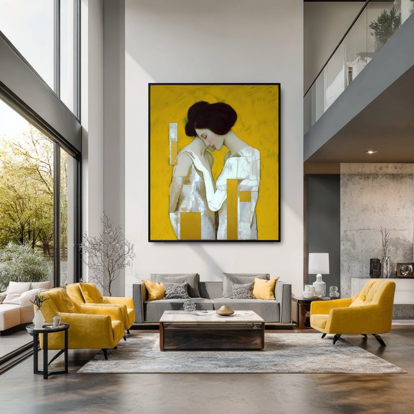 Oversized modern textured painting in yellow. Abstract couple art for a contemporary, open living room with a neutral palette and bright accents.