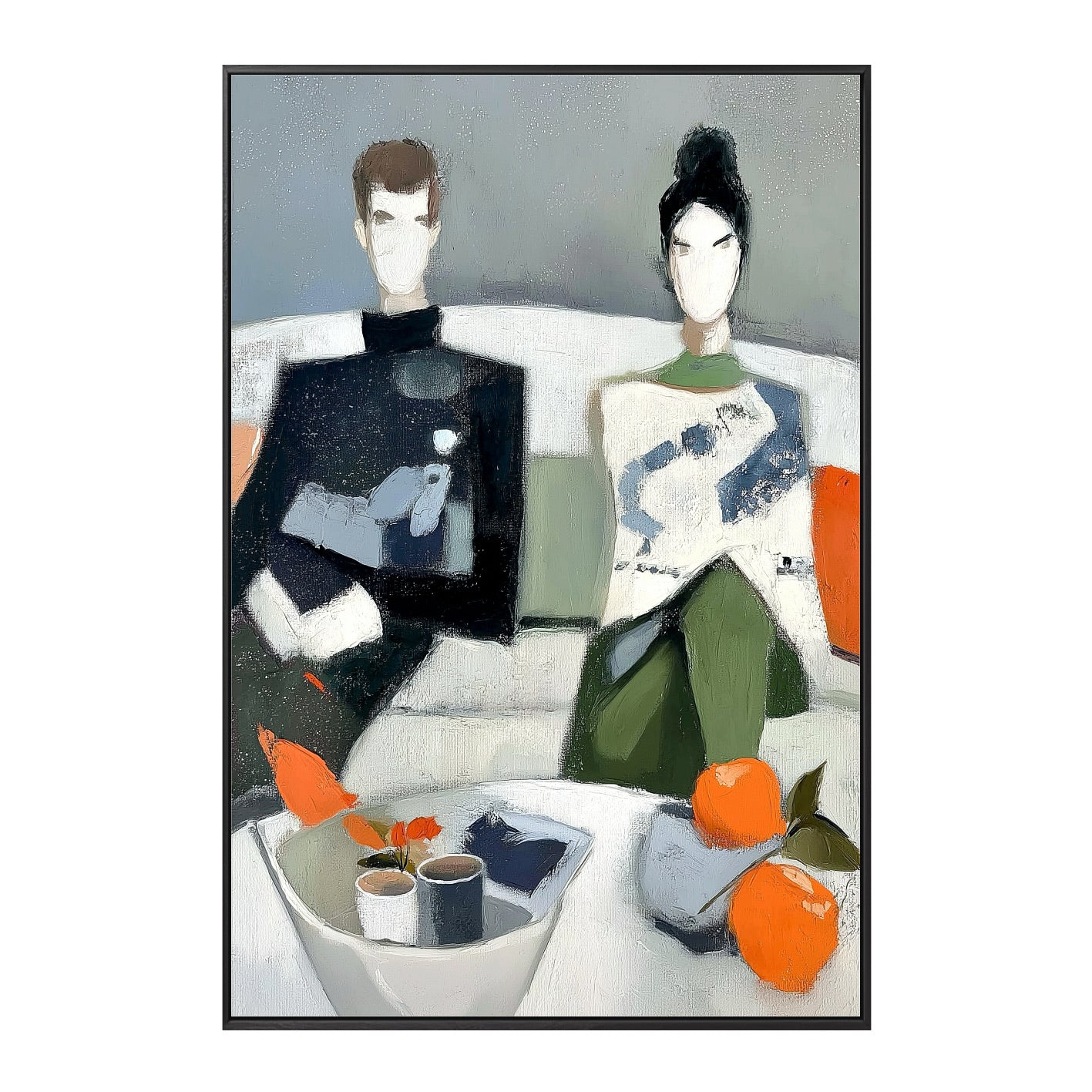 Original hand-painted figurative couple portrait. Modern abstract oil on canvas in black, white, green, grey, and orange.