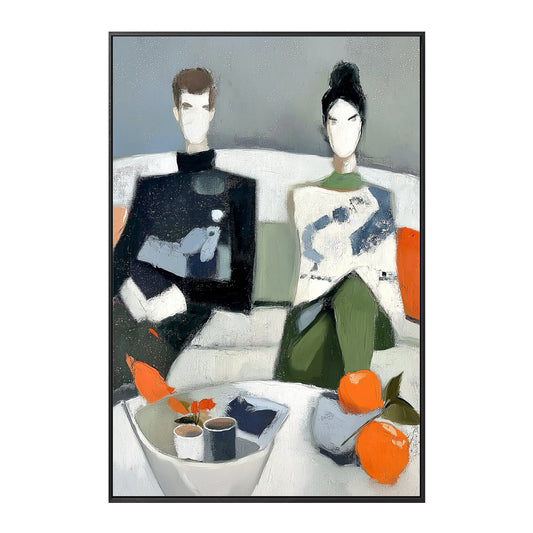 Original hand-painted figurative couple portrait. Modern abstract oil on canvas in black, white, green, grey, and orange.