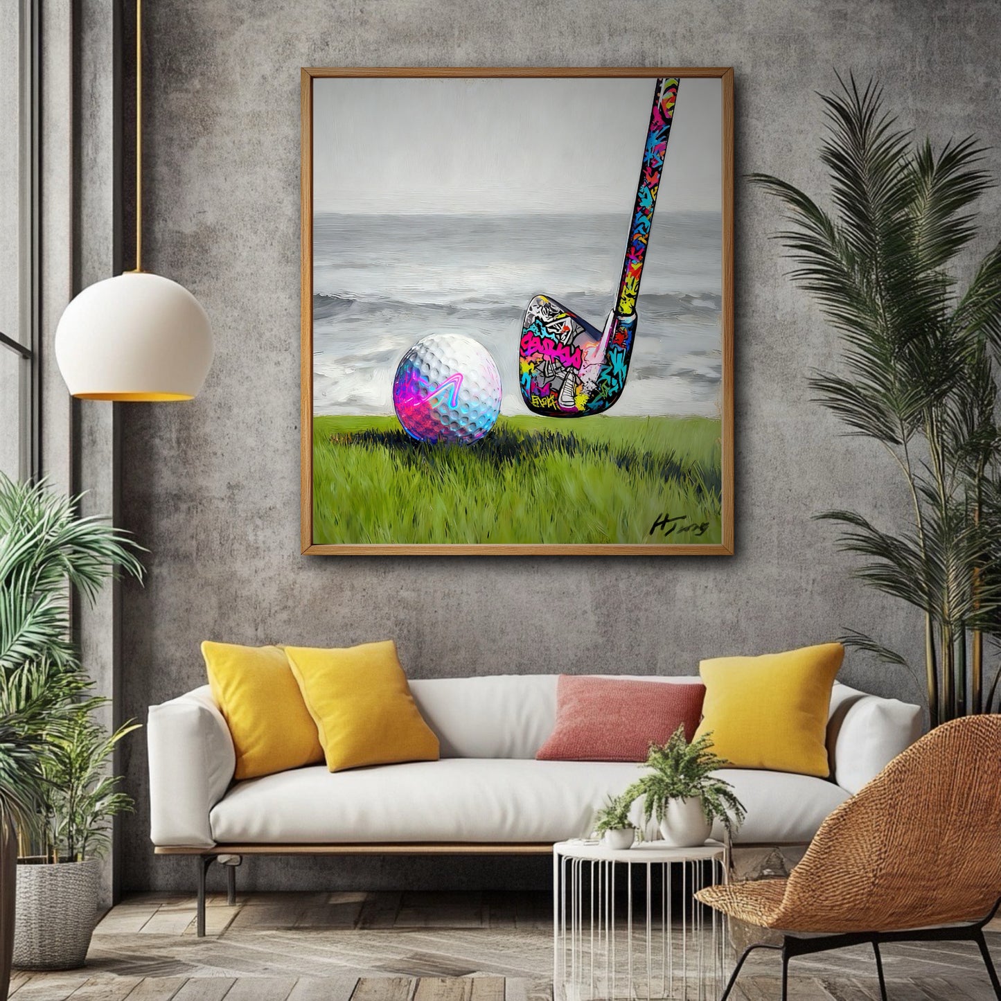 Original street art painting in industrial lounge. Colorful graffiti contrasts with grey concrete walls and yellow decor.