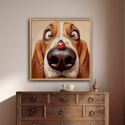 Whimsical Basset Hound art hanging on a beige wall above a dark, rustic wood dresser with multiple drawers and ring pulls.